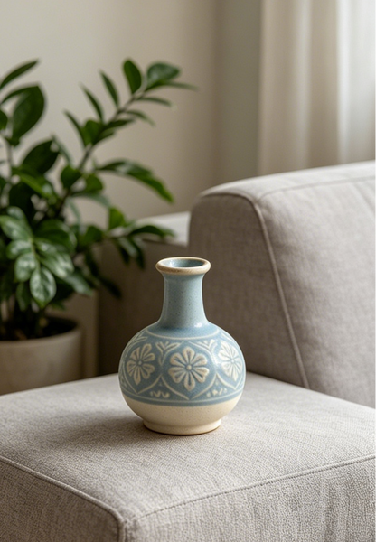 💙🏺 Sky Blue Embossed Floral Mini Ceramic Bud Vase | Rustic Home Decor Vase