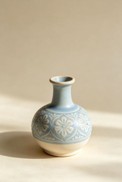 💙🏺 Sky Blue Embossed Floral Mini Ceramic Bud Vase | Rustic Home Decor Vase