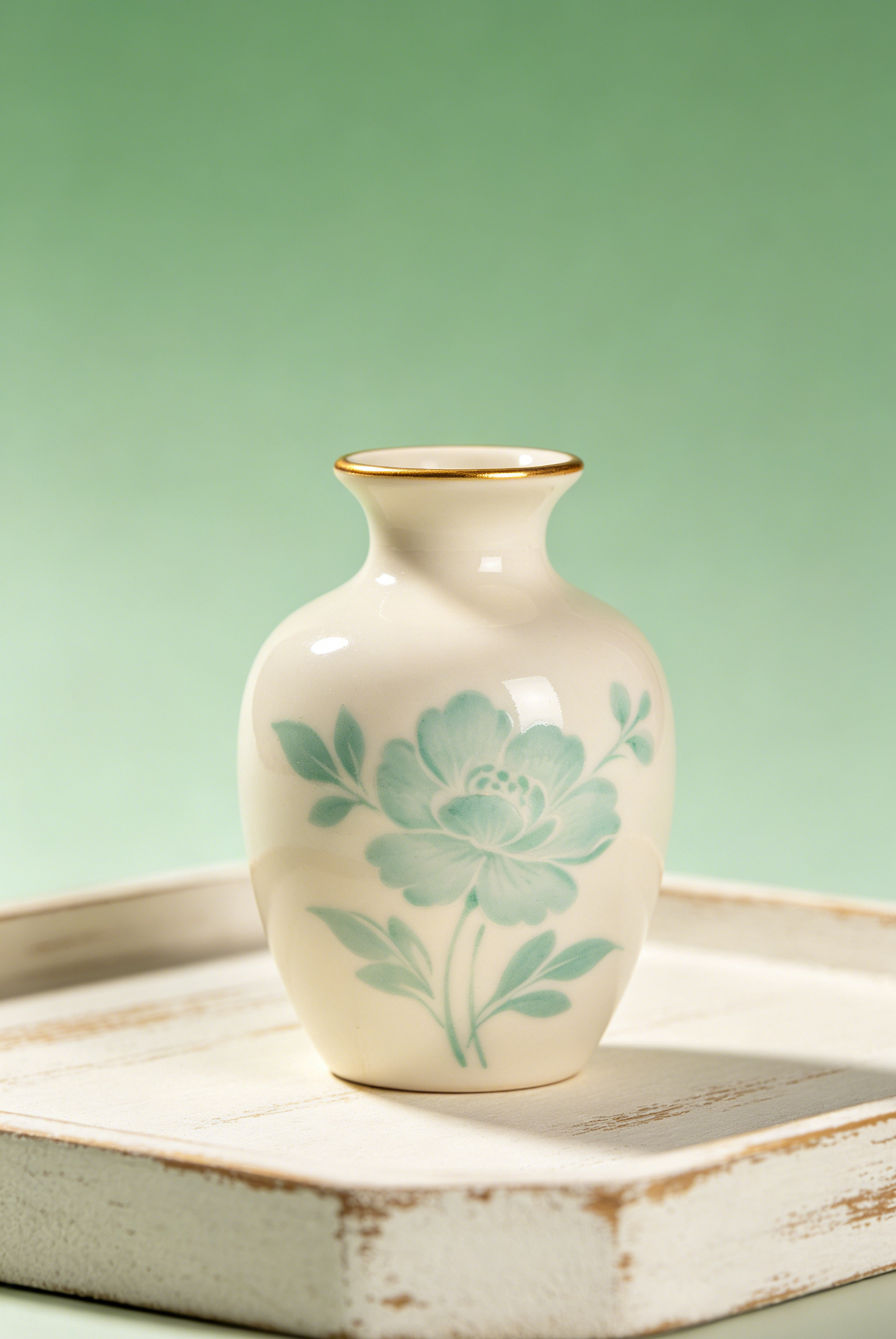 🌿🏺 Mint Green Peony Hand-Painted Mini Porcelain Bud Vase