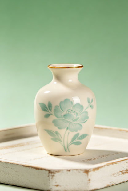 🌿🏺 Mint Green Peony Hand-Painted Mini Porcelain Bud Vase