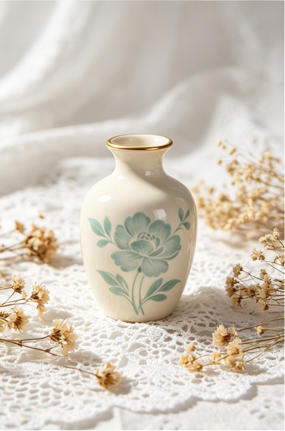 🌿🏺 Mint Green Peony Hand-Painted Mini Porcelain Bud Vase